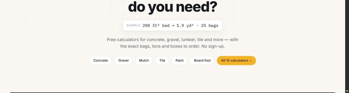 BuildCalc Pro with a worked example chip and category pills for concrete, gravel, mulch and tile.