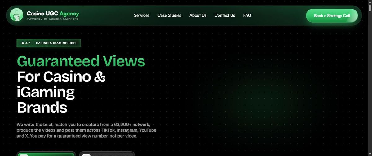 Casino UGC homepage reading Guaranteed Views For Casino and iGaming Brands.