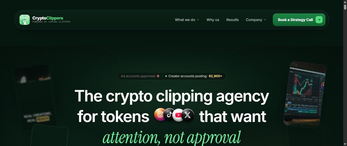 Crypto Clippers homepage with platform icons set inside the headline over a dark green hero.