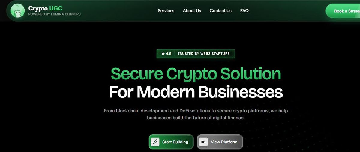 Crypto UGC homepage with a green and white split headline over a dark starfield.