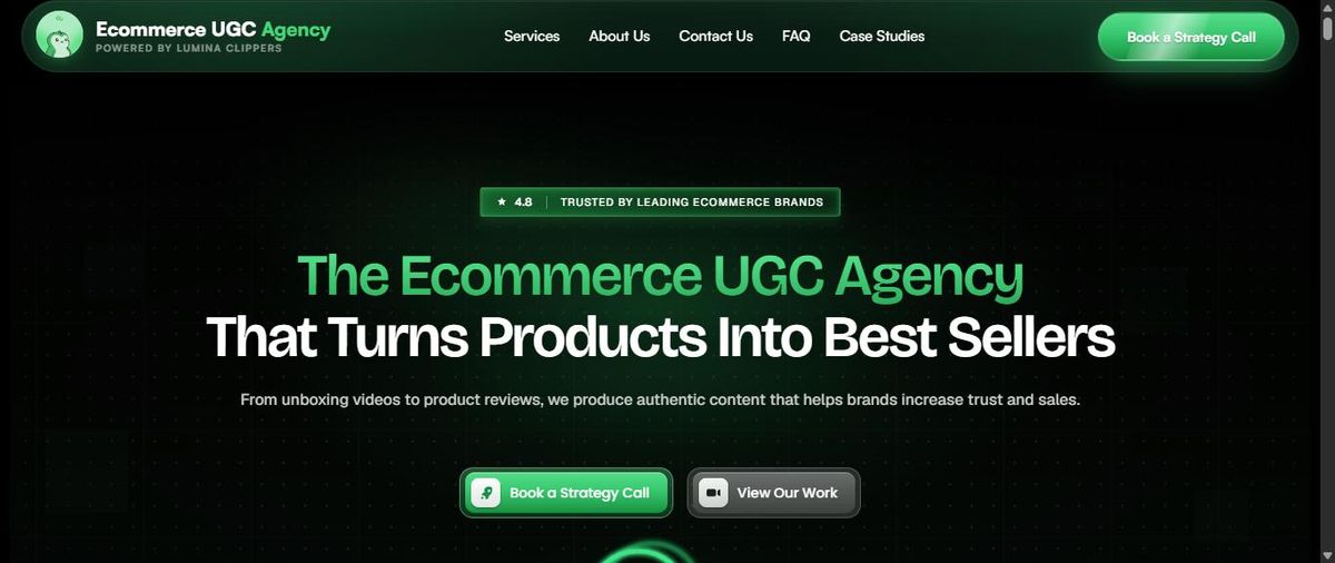 Ecommerce UGC Agency homepage with a rating chip and two call to action buttons.