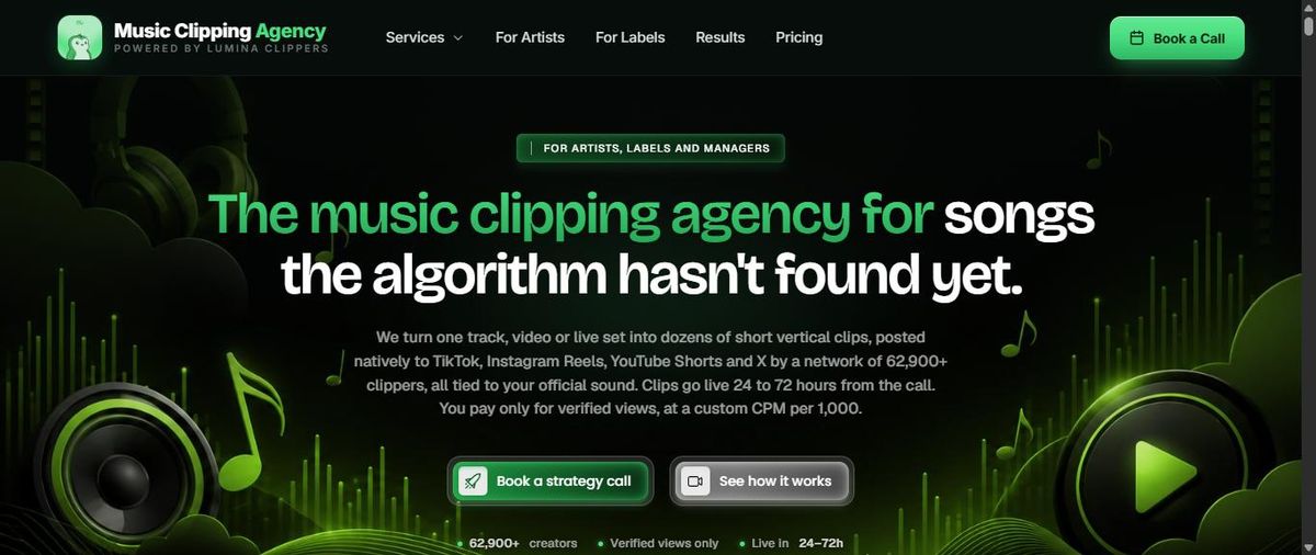 Music Clipping Agency homepage with green audio artwork behind large display type.